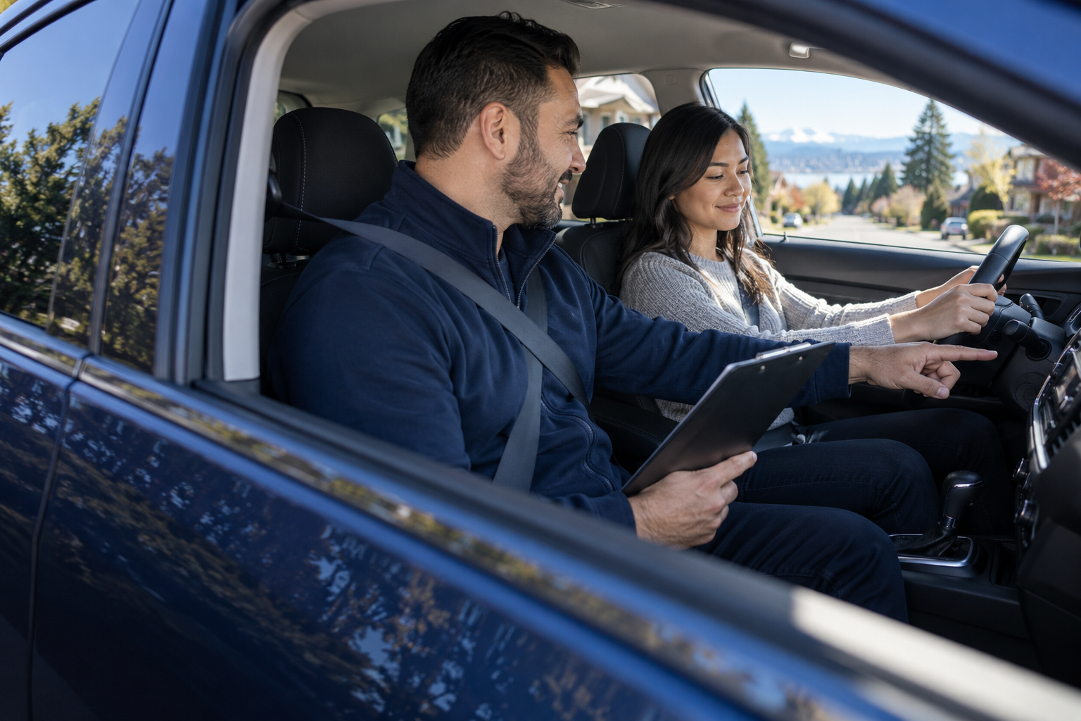 Instructor coaching a learner driver inside a modern car